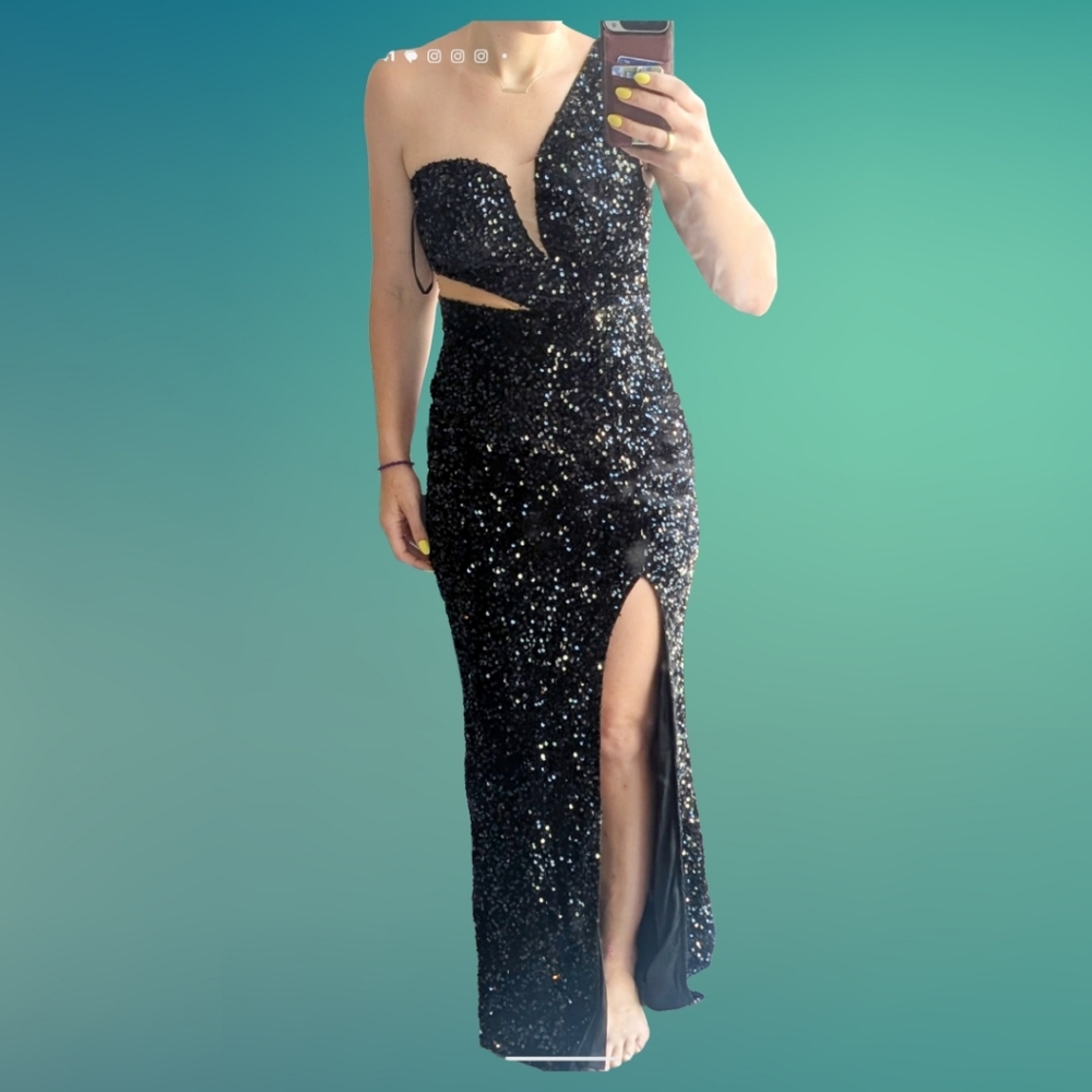 One Shoulder Cutout Sequin Gown